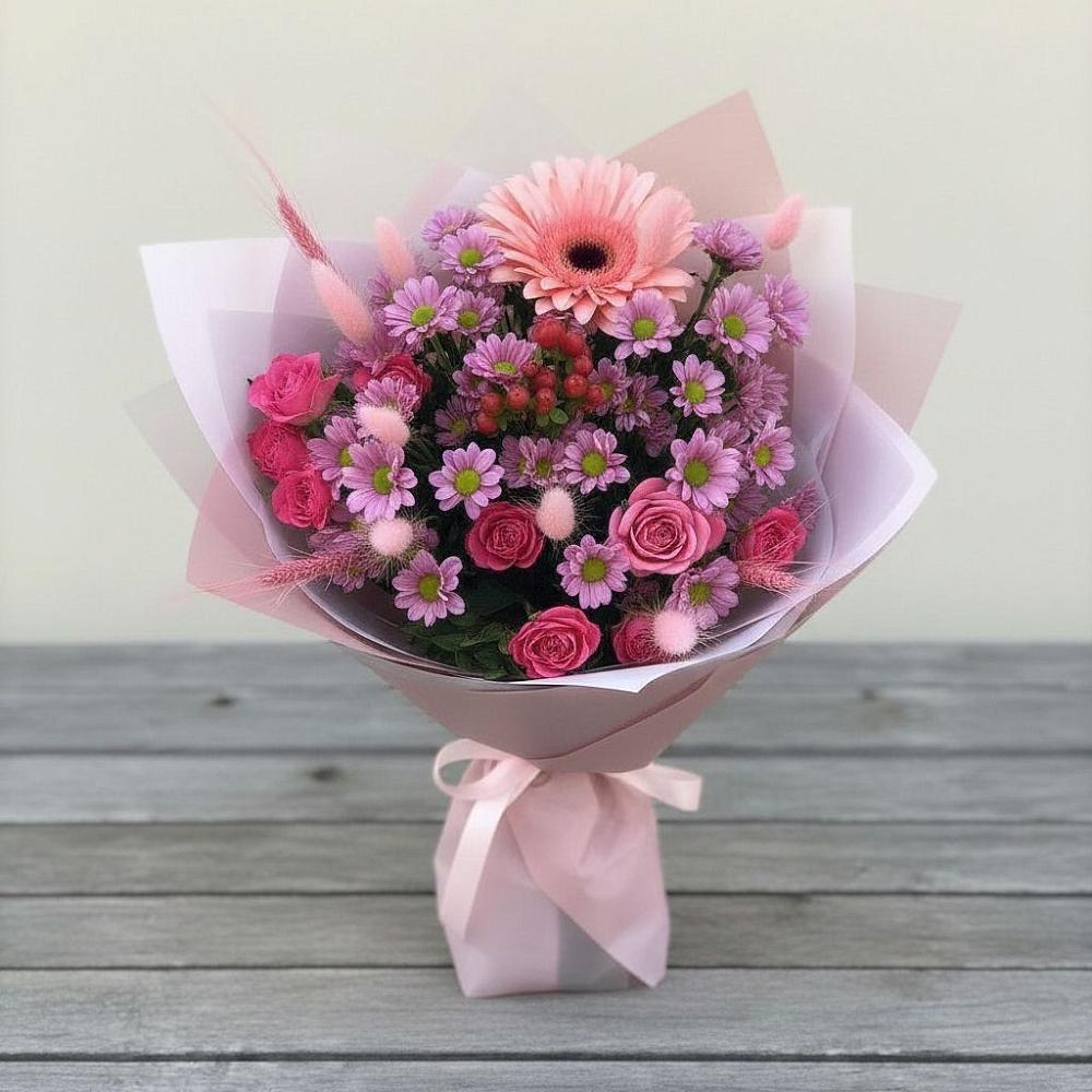Букет цветов из: Розы, Герберы и Хризантемы в Незлобной