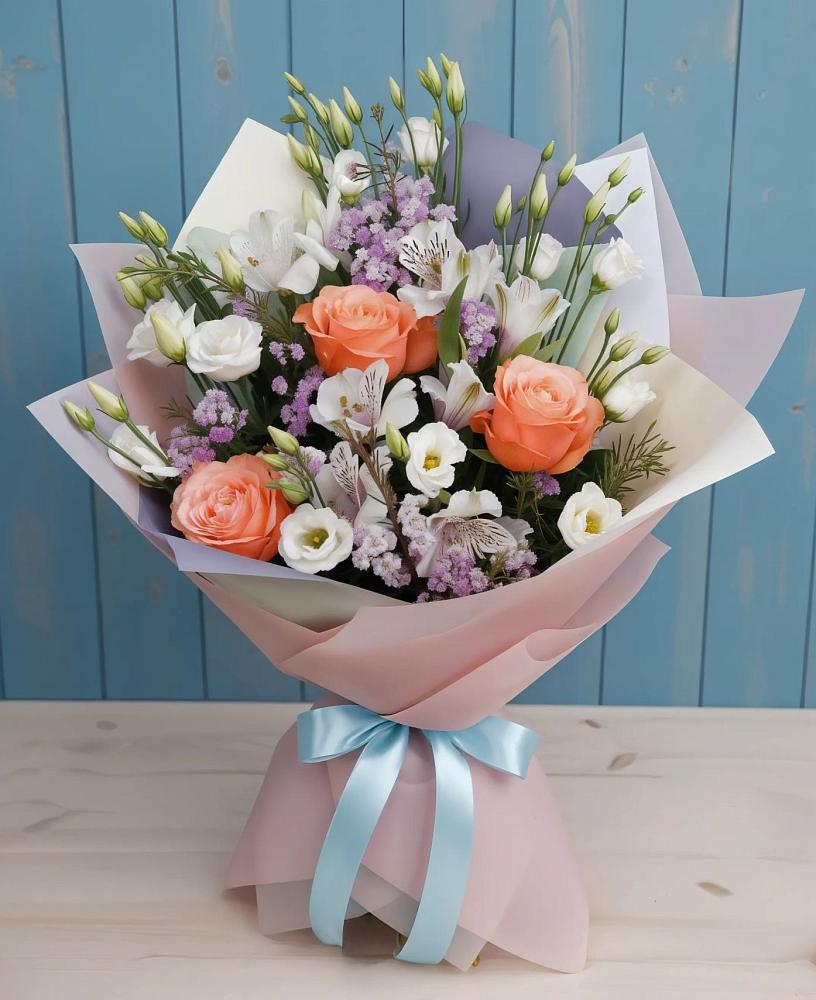 Букет цветов из: Лизиантусы, Розы, Альстромерии и Гипсофила в Незлобной