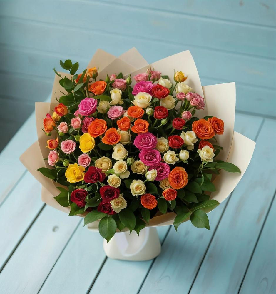 Букет Микс из разноцветных кустовых роз в Незлобной