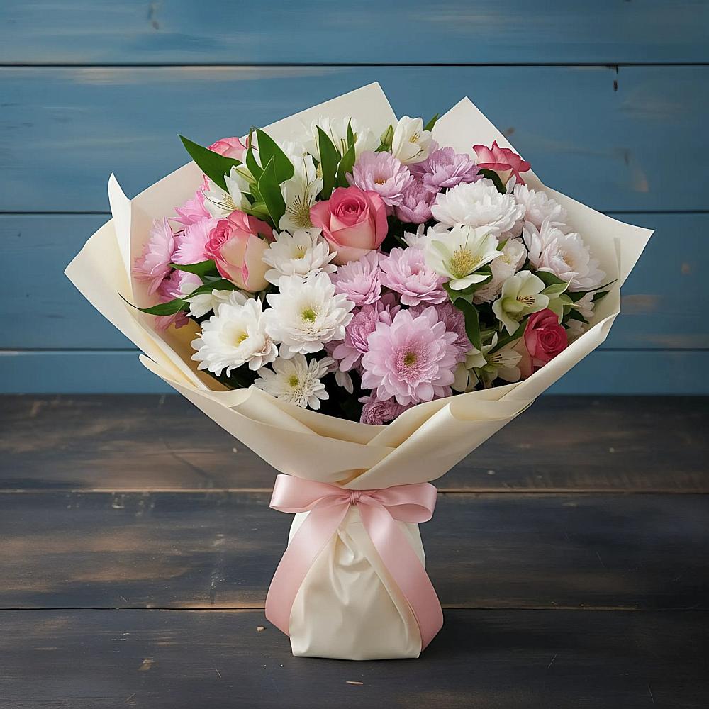 Букет цветов из: Хризантемы, Альстромерии и Розы в Незлобной